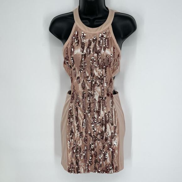 bebe Women's Textured Sequins Halter Cutout Bodycon Dress Size XS Rose Gold - Picture 1 of 11